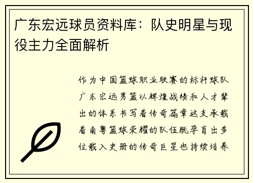 广东宏远球员资料库：队史明星与现役主力全面解析
